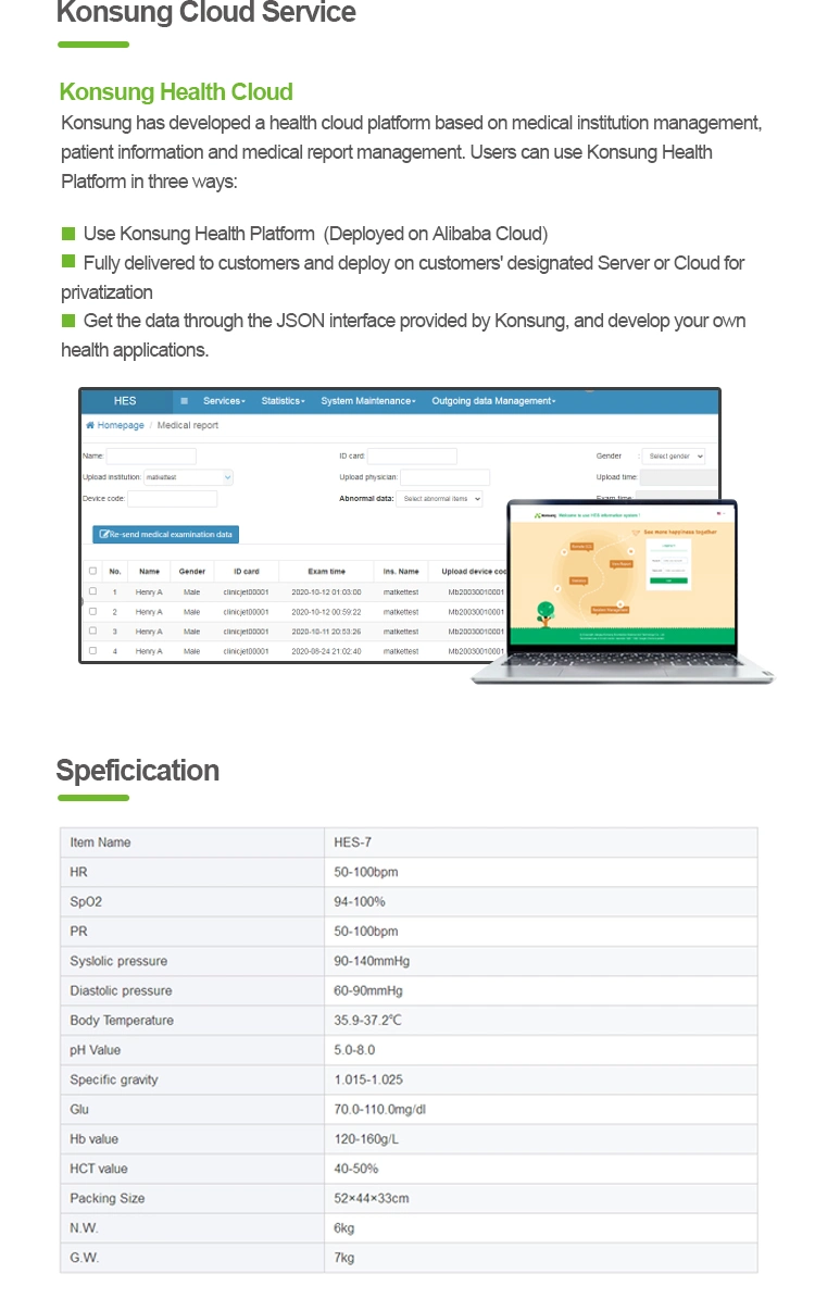 Hes-7 CE Eclinic E-Health Portable Rural Diagnostic Telemedicine Monitor for E-Hospital Medical Equipment with Health Examination System